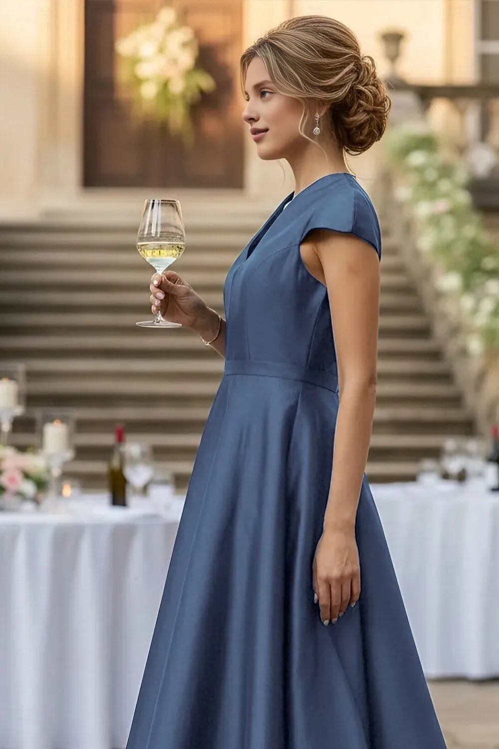 Elegant Dusty Blue Satin A-Line High Neck Mother of the Bride Dress