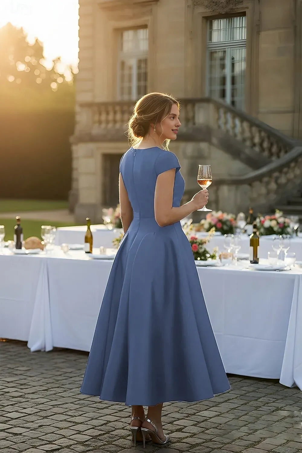 Elegant Dusty Blue Satin A-Line High Neck Mother of the Bride Dress