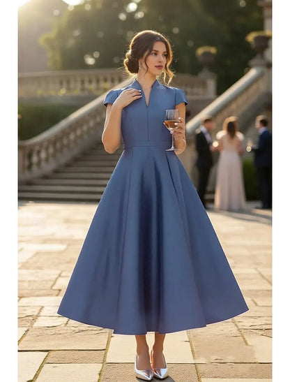 Elegant Dusty Blue Satin A-Line High Neck Mother of the Bride Dress