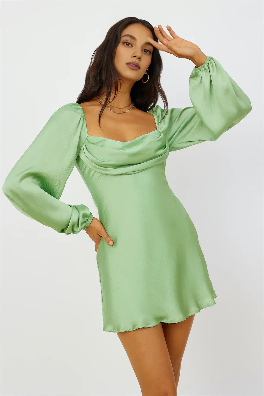 Graceful Stylish Elegant Green Satin A-Line Cowl Long Sleeve Mini Prom Dress