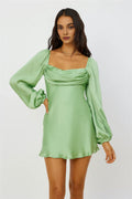 Graceful Stylish Elegant Green Satin A-Line Cowl Long Sleeve Mini Prom Dress