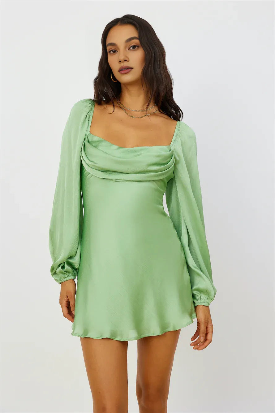 Graceful Stylish Elegant Green Satin A-Line Cowl Long Sleeve Mini Prom Dress