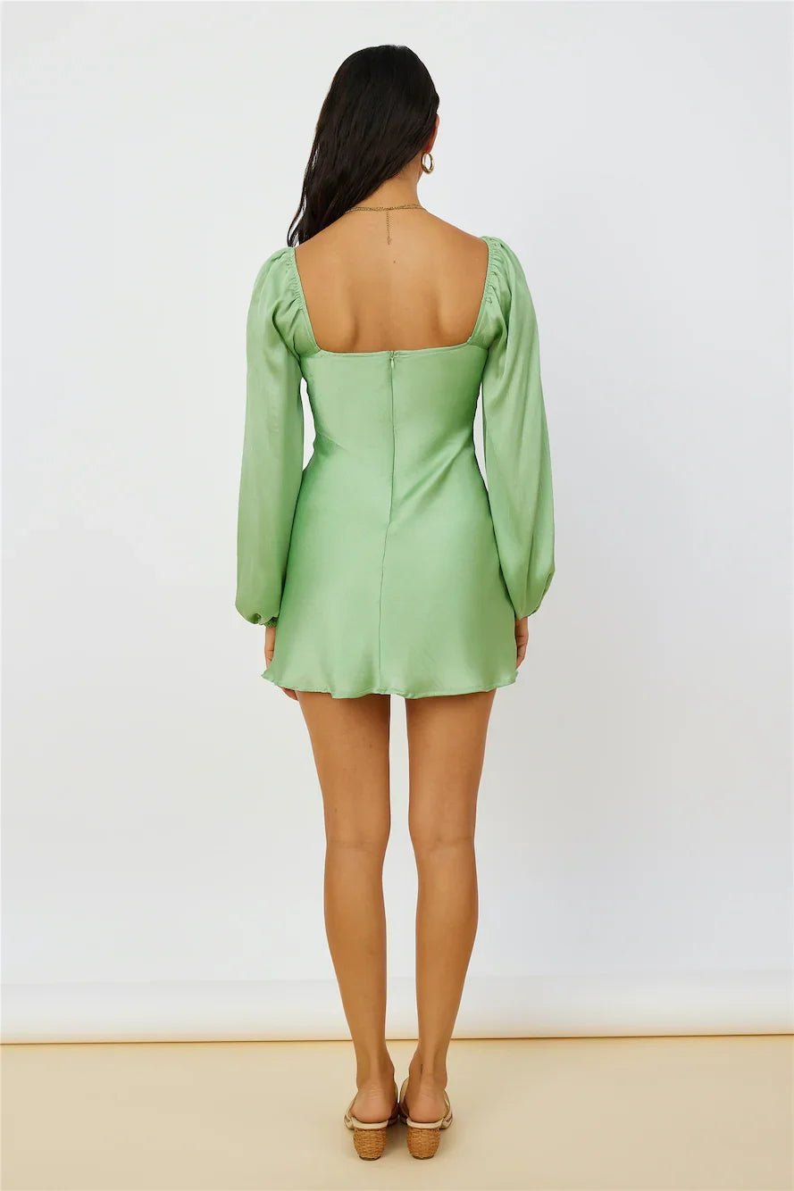 Graceful Stylish Elegant Green Satin A-Line Cowl Long Sleeve Mini Prom Dress