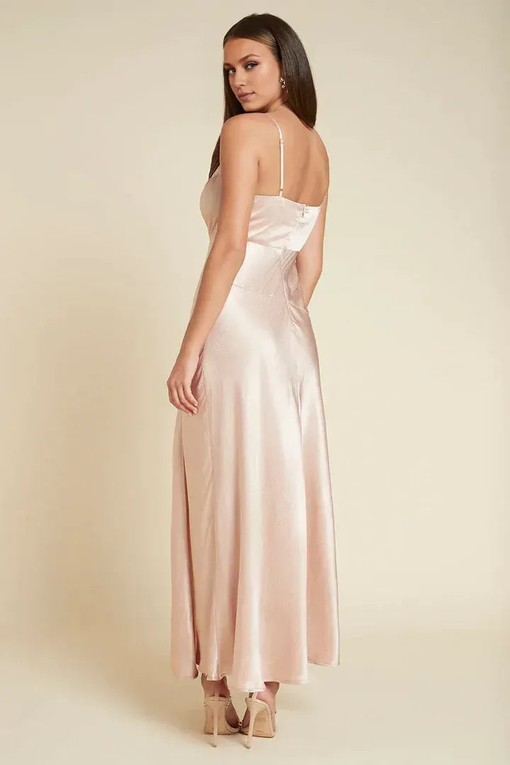 Timeless Special Occasion Elegant Blush Pink Satin A-Line Cowl Sleeveless Prom Dress