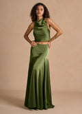 Timeless Chic Elegant Olive Green Satin A-Line Halter Sleeveless Floor-Length Evening Dress