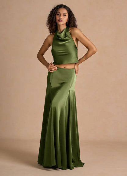 Timeless Chic Elegant Olive Green Satin A-Line Halter Sleeveless Floor-Length Evening Dress