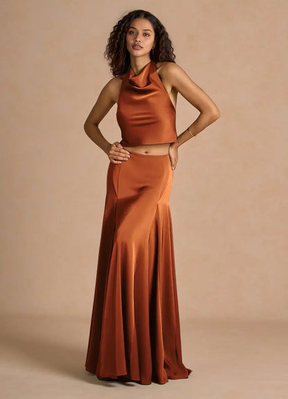 Timeless Chic Elegant Olive Green Satin A-Line Halter Sleeveless Floor-Length Evening Dress