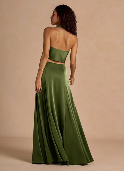Timeless Chic Elegant Olive Green Satin A-Line Halter Sleeveless Floor-Length Evening Dress