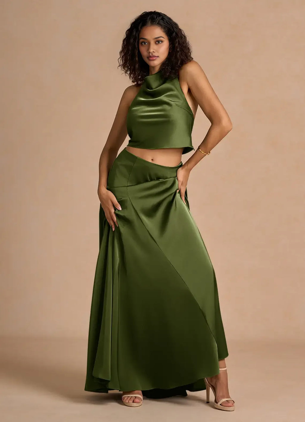Timeless Chic Elegant Olive Green Satin A-Line Halter Sleeveless Floor-Length Evening Dress
