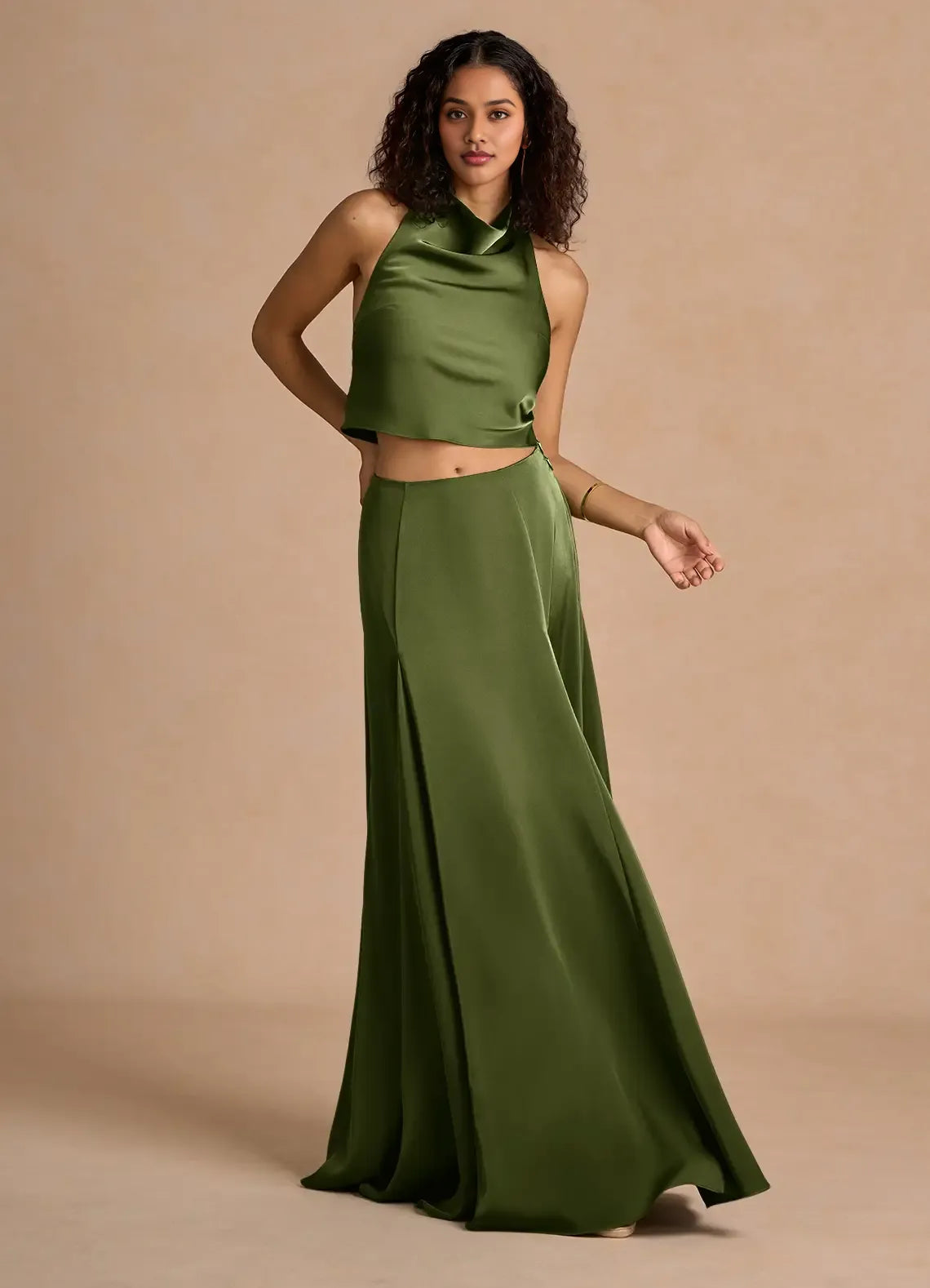 Timeless Chic Elegant Olive Green Satin A-Line Halter Sleeveless Floor-Length Evening Dress
