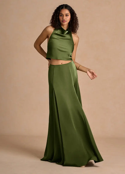Timeless Chic Elegant Olive Green Satin A-Line Halter Sleeveless Floor-Length Evening Dress