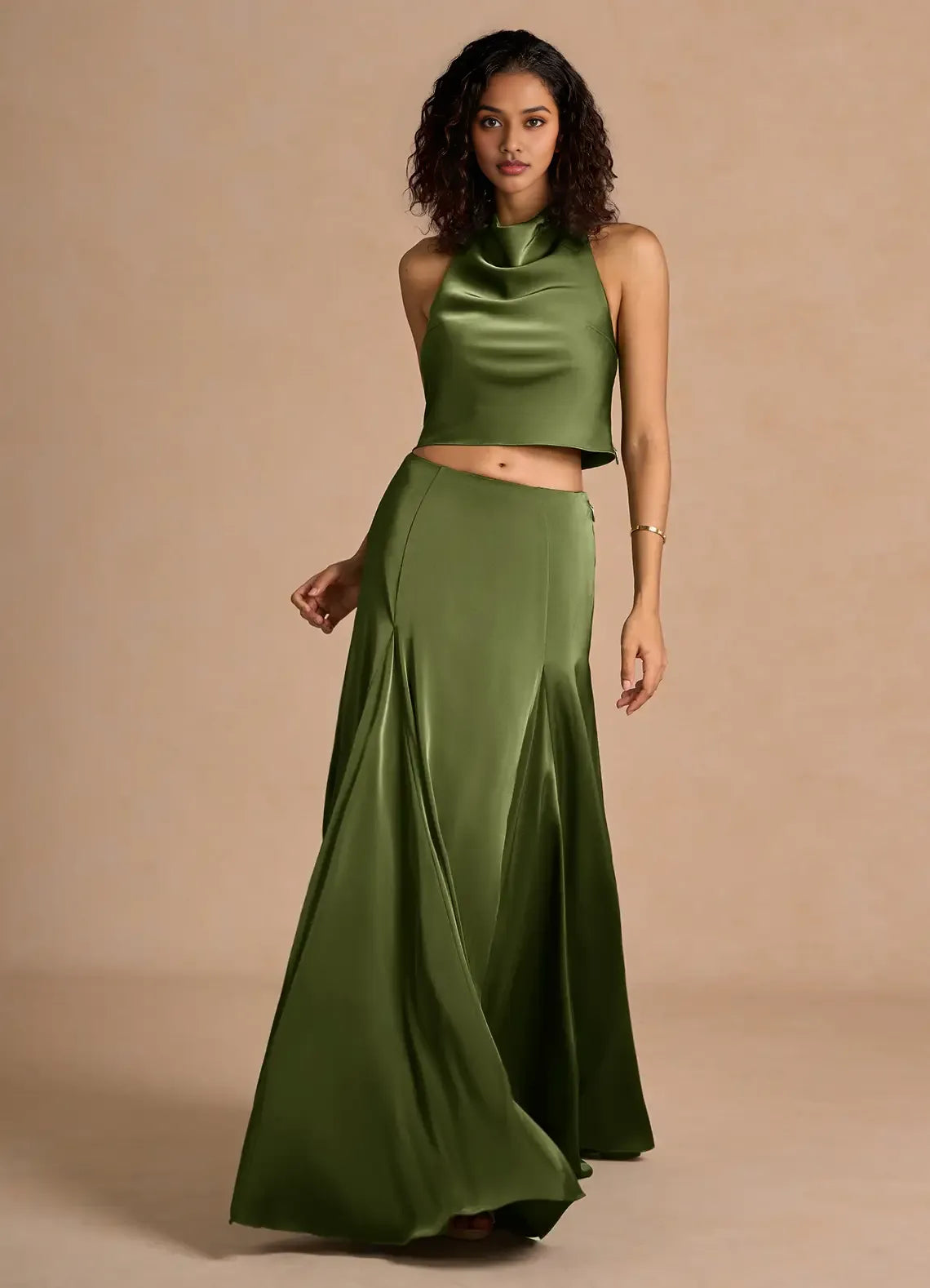 Timeless Chic Elegant Olive Green Satin A-Line Halter Sleeveless Floor-Length Evening Dress