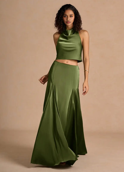 Timeless Chic Elegant Olive Green Satin A-Line Halter Sleeveless Floor-Length Evening Dress