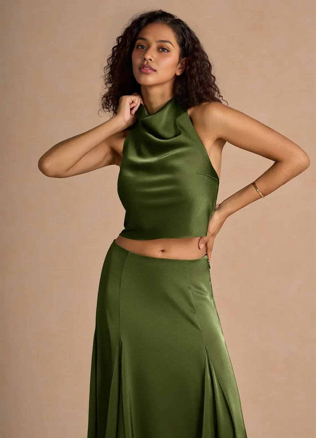 Timeless Chic Elegant Olive Green Satin A-Line Halter Sleeveless Floor-Length Evening Dress