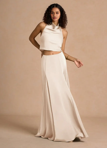 Timeless Chic Elegant Olive Green Satin A-Line Halter Sleeveless Floor-Length Evening Dress