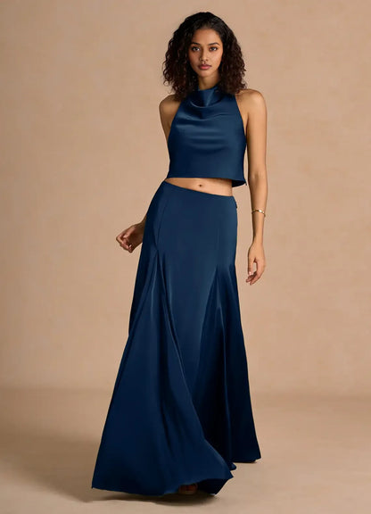 Timeless Chic Elegant Olive Green Satin A-Line Halter Sleeveless Floor-Length Evening Dress
