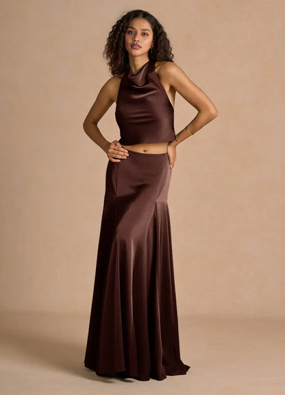 Timeless Chic Elegant Olive Green Satin A-Line Halter Sleeveless Floor-Length Evening Dress