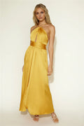 Sophisticated Graceful Stylish Elegant Red Satin A-Line Halter Sleeveless Floor-Length Prom Dress