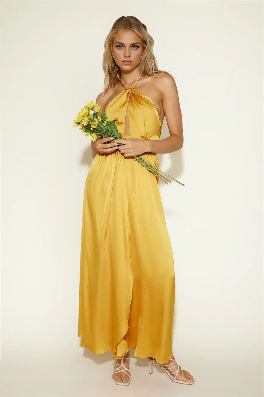 Sophisticated Graceful Stylish Elegant Red Satin A-Line Halter Sleeveless Floor-Length Prom Dress