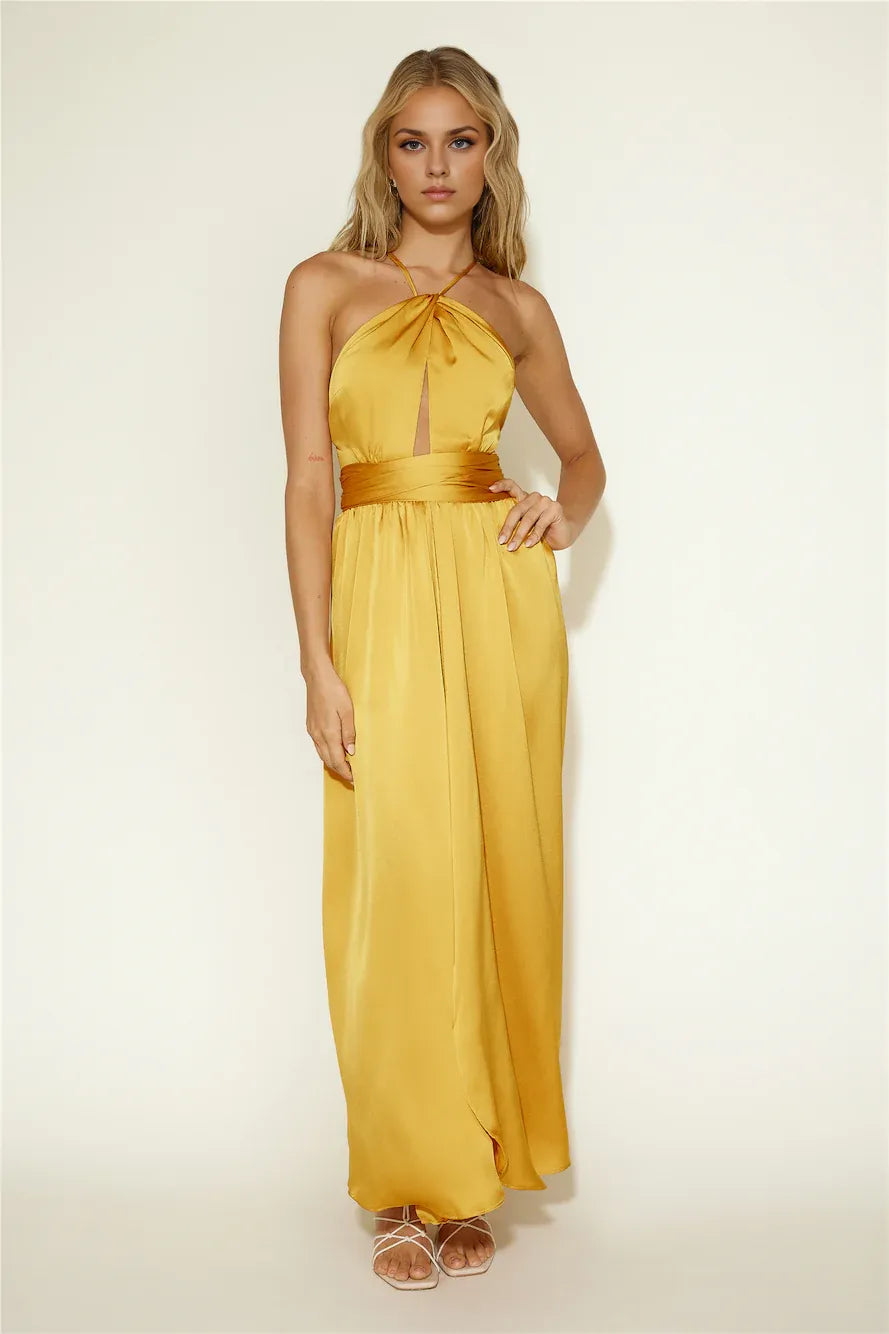 Sophisticated Graceful Stylish Elegant Red Satin A-Line Halter Sleeveless Floor-Length Prom Dress