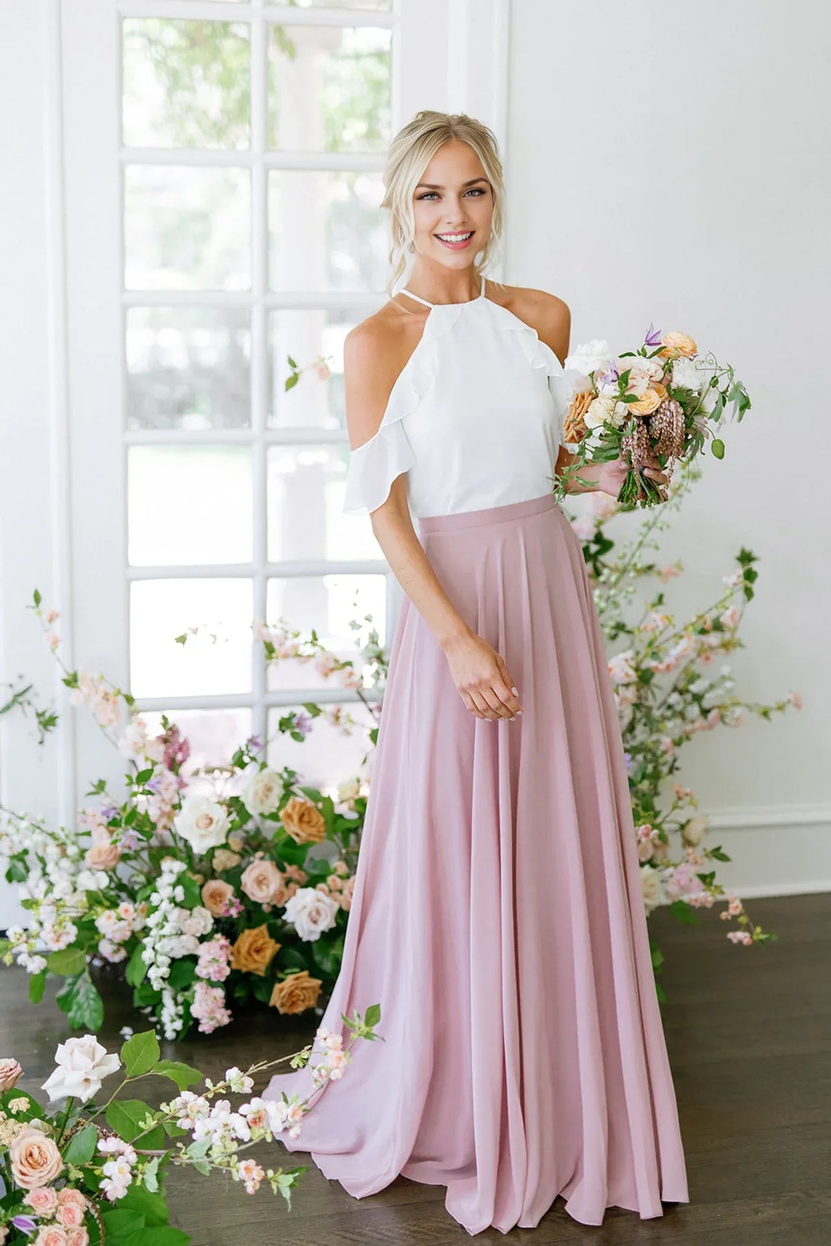 Graceful Stylish Elegant Blush Pink Chiffon A-Line Halter Sleeveless Floor-Length Prom Dress