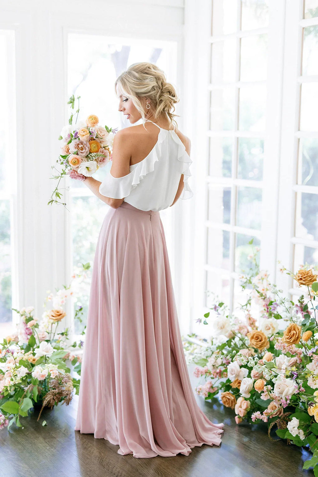 Graceful Stylish Elegant Blush Pink Chiffon A-Line Halter Sleeveless Floor-Length Prom Dress