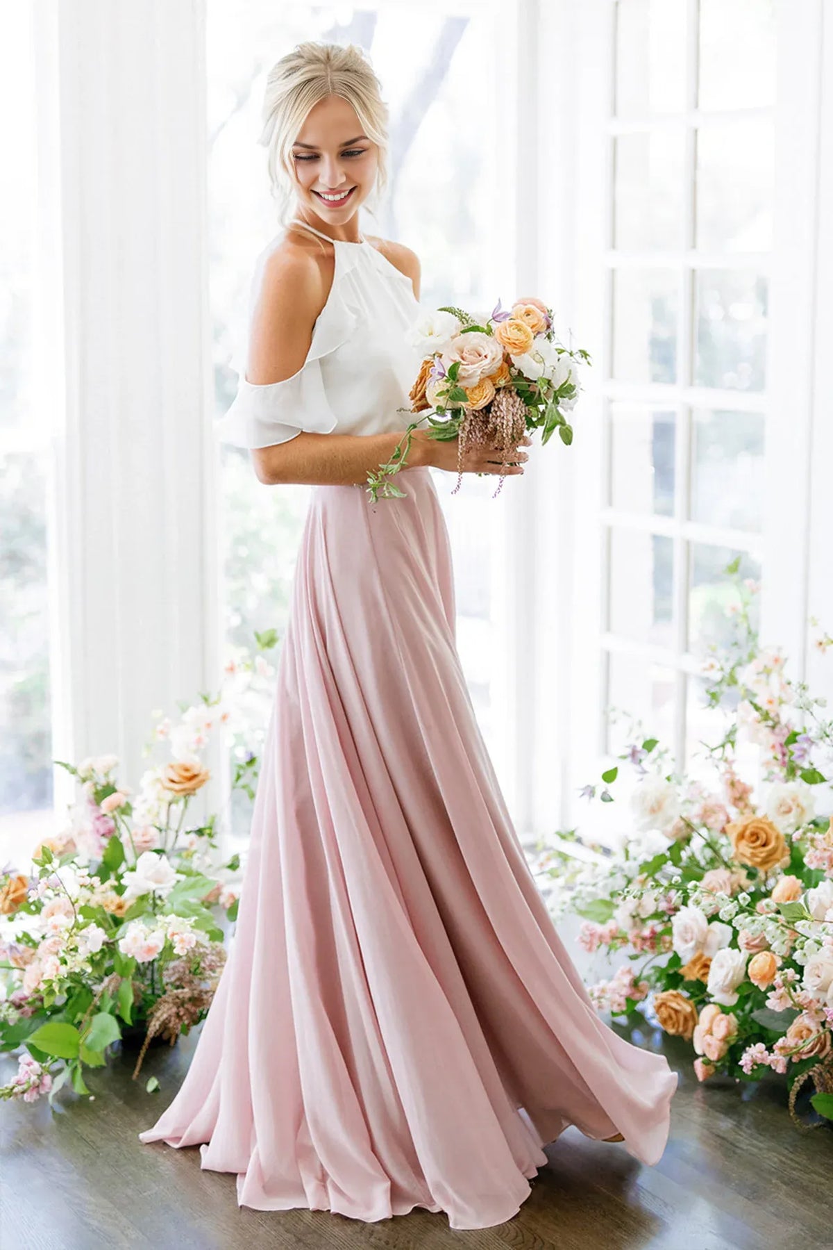 Graceful Stylish Elegant Blush Pink Chiffon A-Line Halter Sleeveless Floor-Length Prom Dress