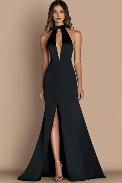 Refined Beautiful Timeless Elegant Black Satin A-Line Halter Sleeveless Floor-Length Evening Dress