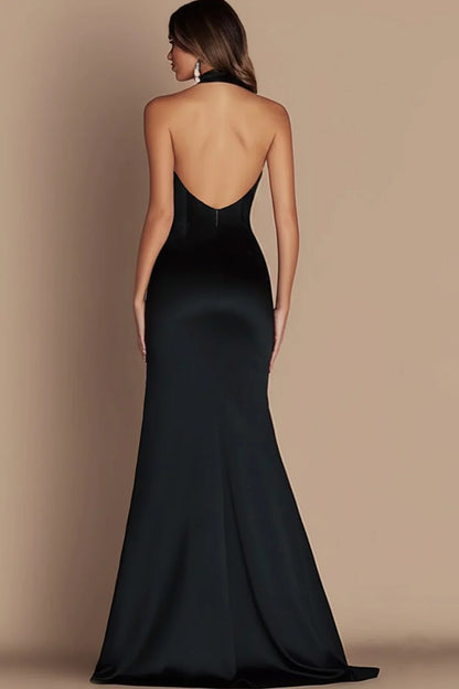 Refined Beautiful Timeless Elegant Black Satin A-Line Halter Sleeveless Floor-Length Evening Dress
