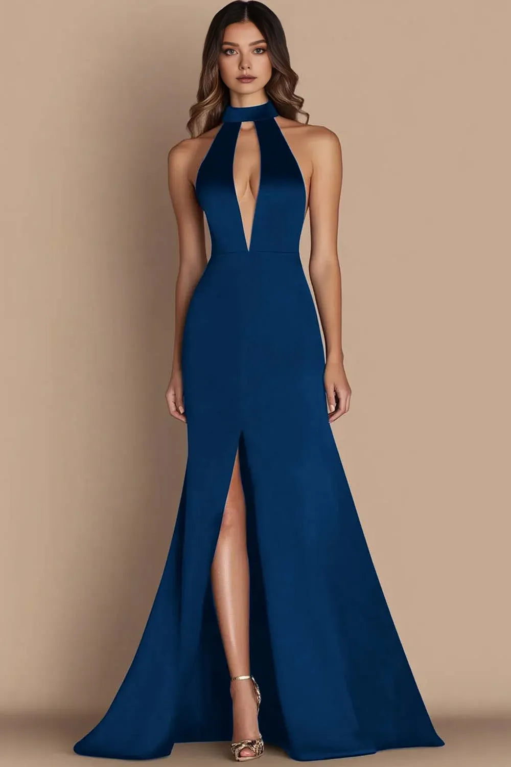 Refined Beautiful Timeless Elegant Black Satin A-Line Halter Sleeveless Floor-Length Evening Dress