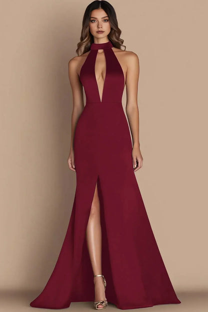 Refined Beautiful Timeless Elegant Black Satin A-Line Halter Sleeveless Floor-Length Evening Dress