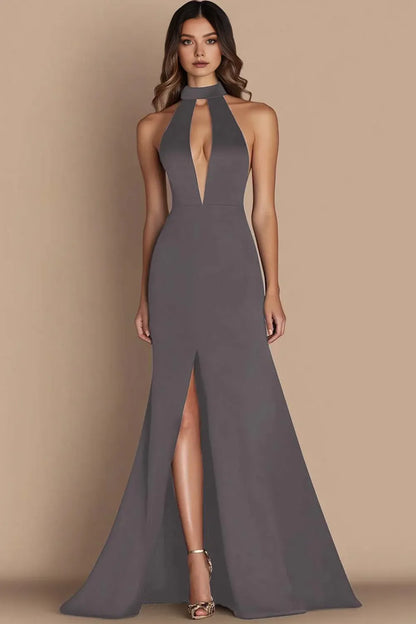 Refined Beautiful Timeless Elegant Black Satin A-Line Halter Sleeveless Floor-Length Evening Dress
