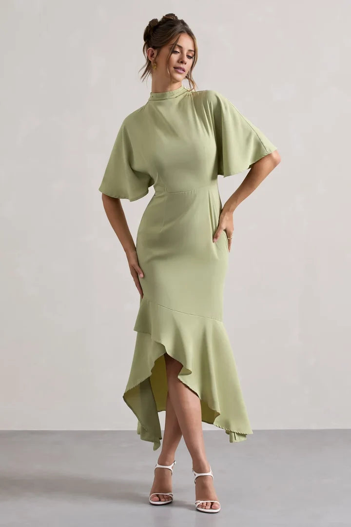 Sage Green High-Neck Cape-Sleeve Asymmetrical Ruffle-Hem Evening Dress