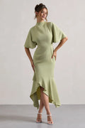 Sage Green High-Neck Cape-Sleeve Asymmetrical Ruffle-Hem Evening Dress