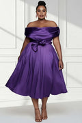 Timeless Special Occasion Sophisticated Graceful Elegant Purple Satin A-Line Midi Prom Dress