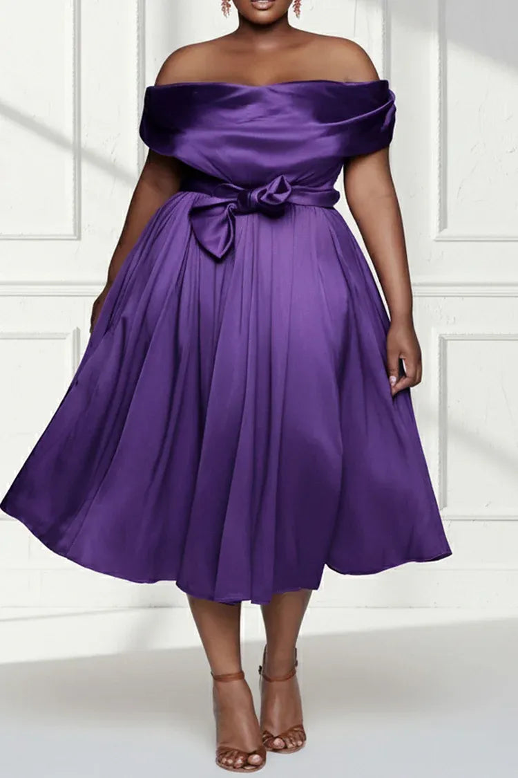 Timeless Special Occasion Sophisticated Graceful Elegant Purple Satin A-Line Midi Prom Dress