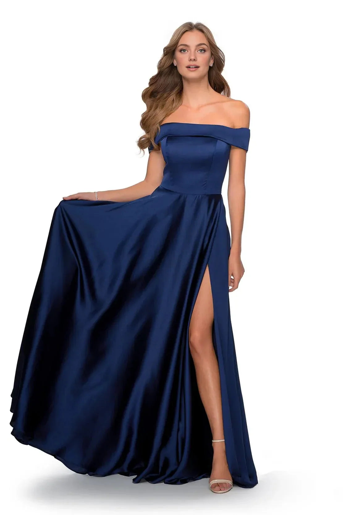 Special Occasion Sophisticated Graceful Elegant Navy Blue Satin A-Line Floor-Length Prom Dress