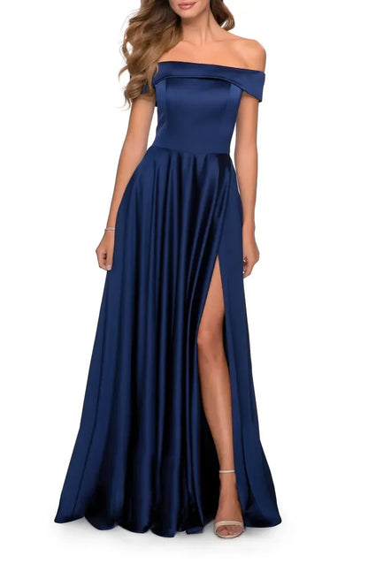 Special Occasion Sophisticated Graceful Elegant Navy Blue Satin A-Line Floor-Length Prom Dress