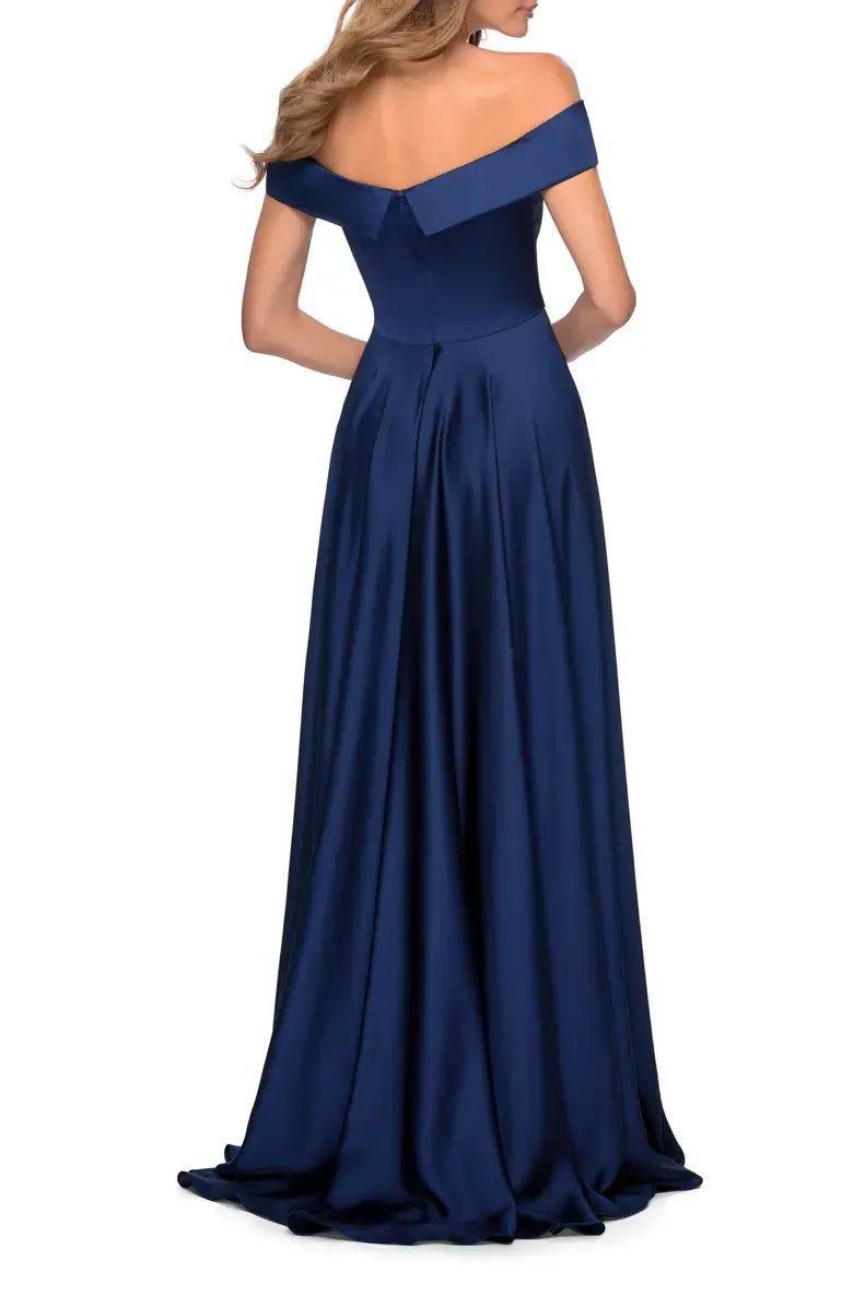 Special Occasion Sophisticated Graceful Elegant Navy Blue Satin A-Line Floor-Length Prom Dress
