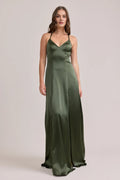 Special Occasion Sophisticated Elegant Olive Green Satin A-Line Sleeveless Floor-Length Prom Dress