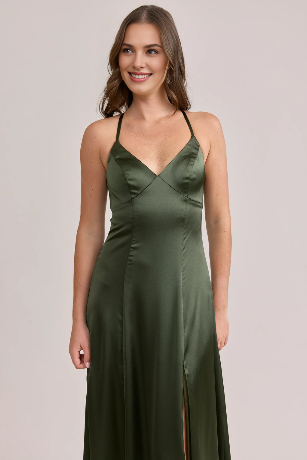 Special Occasion Sophisticated Elegant Olive Green Satin A-Line Sleeveless Floor-Length Prom Dress