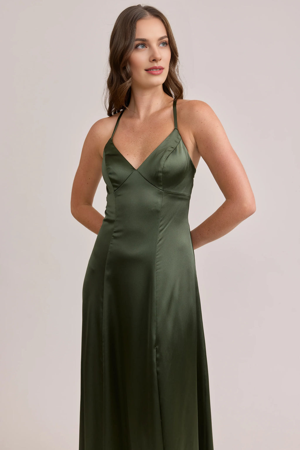 Special Occasion Sophisticated Elegant Olive Green Satin A-Line Sleeveless Floor-Length Prom Dress