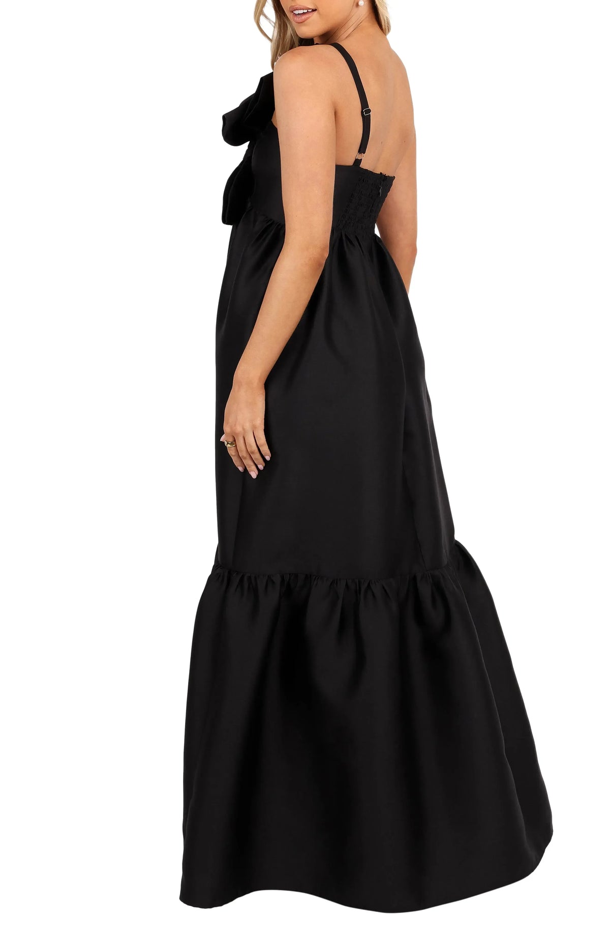 Stylish Refined Beautiful Elegant Black Satin A-Line One-Shoulder Sleeveless Floor-Length Prom Dress