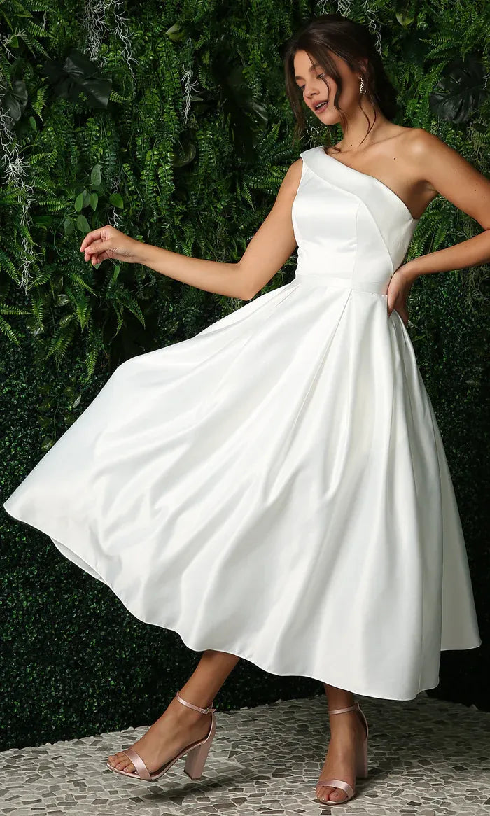 Beautiful Timeless Chic Elegant White Satin A-Line One-Shoulder Sleeveless Tea-Length Prom Dress