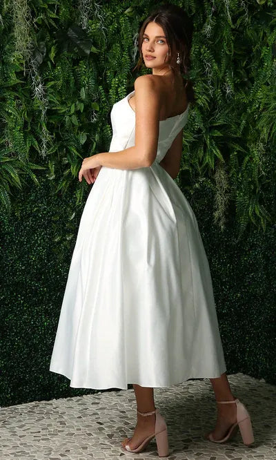 Beautiful Timeless Chic Elegant White Satin A-Line One-Shoulder Sleeveless Tea-Length Prom Dress