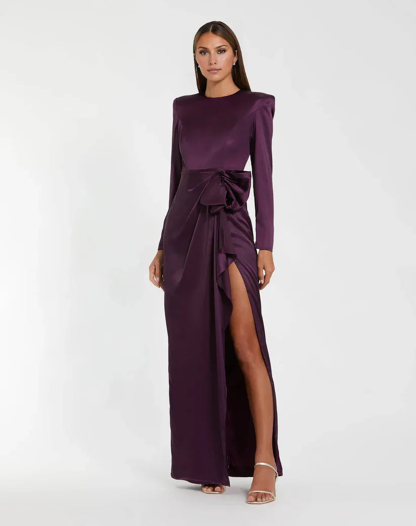 Special Occasion Sophisticated Graceful Elegant Red Satin A-Line Long Sleeve Floor-Length Prom Dress
