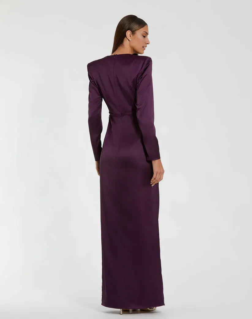 Special Occasion Sophisticated Graceful Elegant Red Satin A-Line Long Sleeve Floor-Length Prom Dress