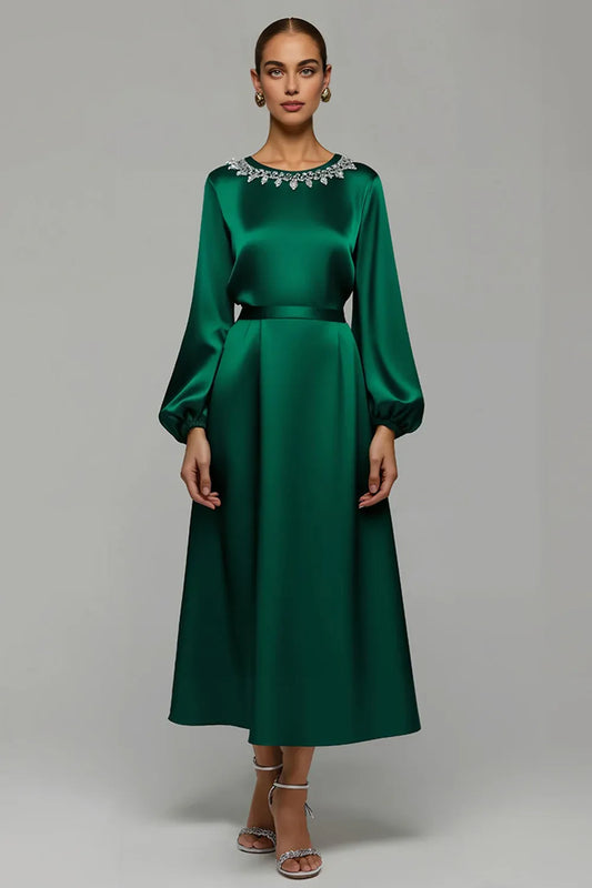 Refined Elegant Silver Satin A-Line Scoop Neck Long Sleeve Long Prom Dress