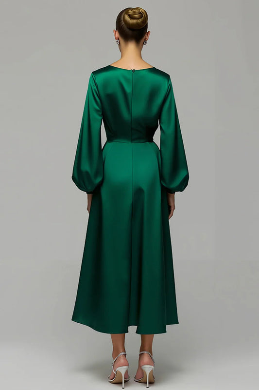 Refined Elegant Silver Satin A-Line Scoop Neck Long Sleeve Long Prom Dress