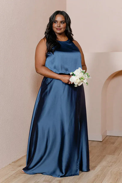 Stylish Elegant Navy Blue Satin A-Line Scoop Neck Sleeveless Floor-Length Prom Dress